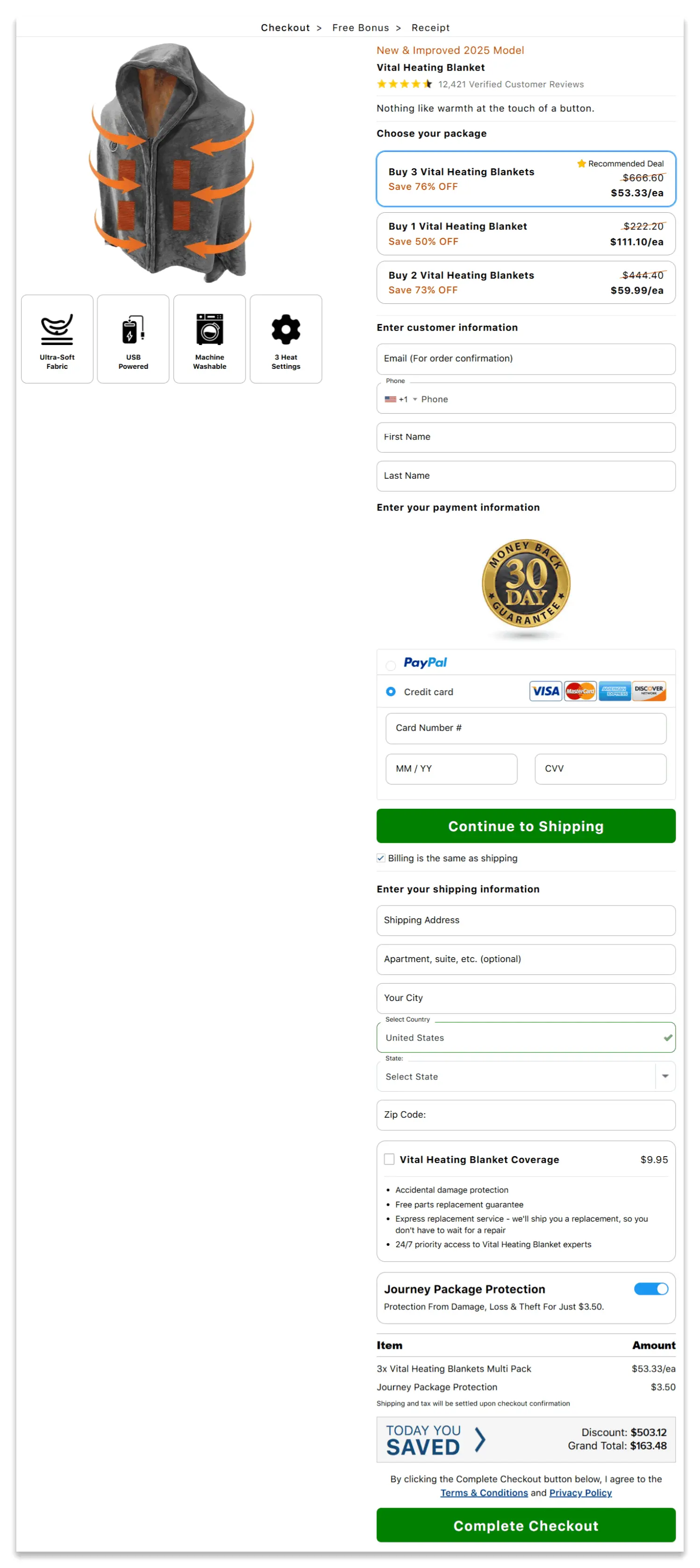 Vital Heating Blanket secure checkout page